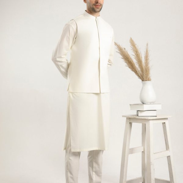 Bosky White Cotton Kurta Trouser & Waistcoat - Men - 3 PC