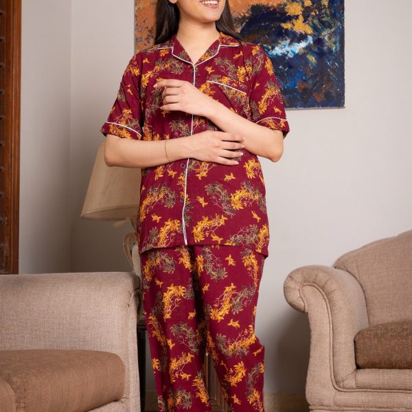 Royal Leaves Half Sleeves PJ Set