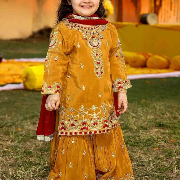 Mustard Maroon Gharara Suit Kids