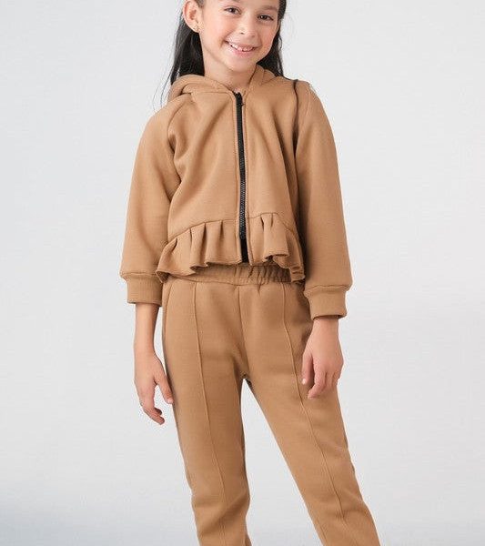 Raglan Sleeve Ruffle Hem Hoodie With Sweatpants - Coffee Brown