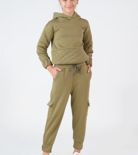 Quilted Panel Hoodie With Jogger Pants - Mint Green