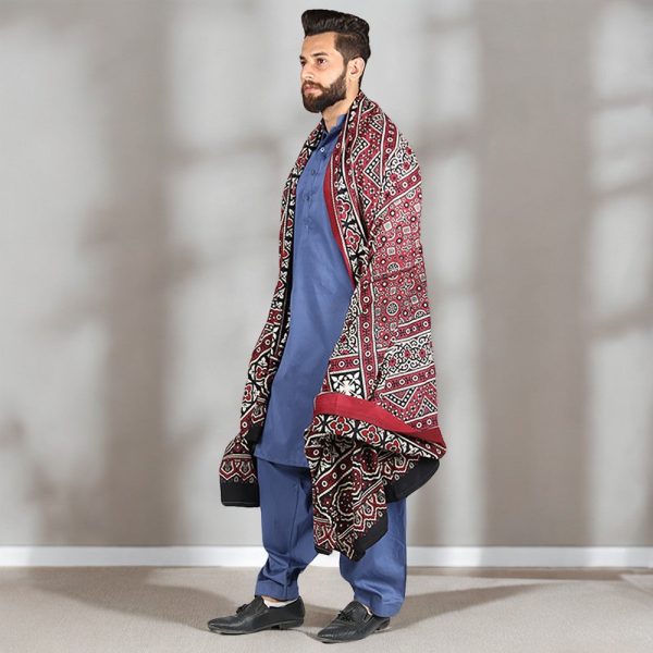 Sindhi Ajrak Jumbo Size - Screen Dyed - Maroon, Black, White